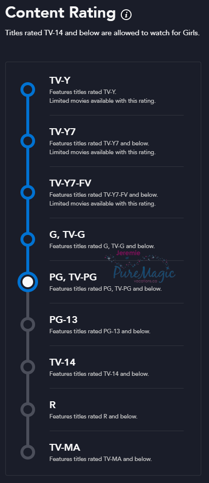 Select the desired Content Rating for the kids Disney+ profile